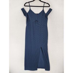 Topshop Dress Womens 8 Blue Cold Shoulder Ribbed Knit Fitted Midi Cocktail Party